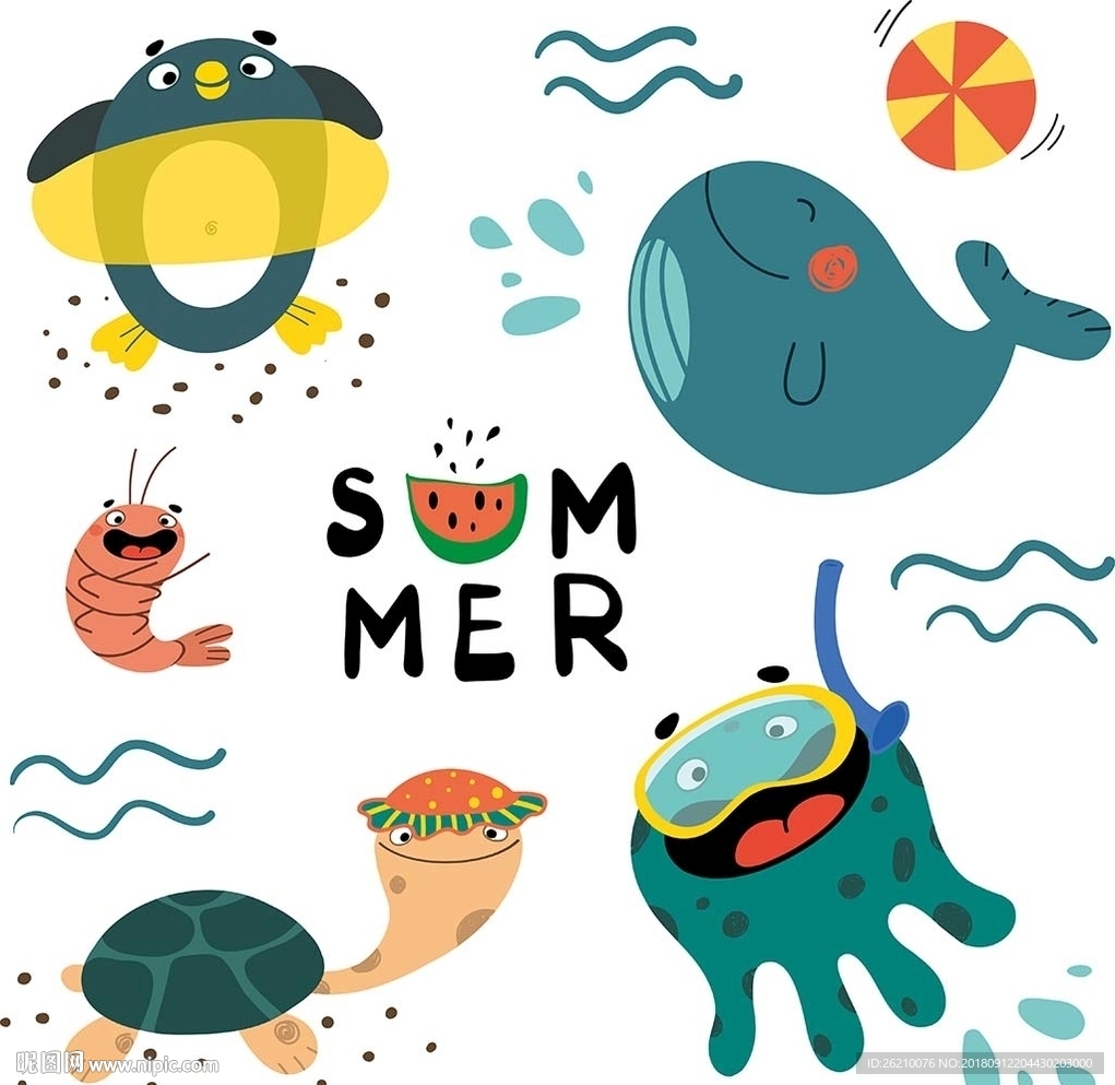 夏季海洋动物矢量插画
