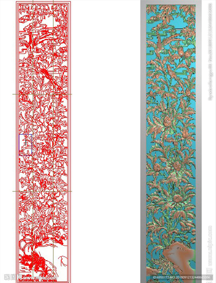 竖长镂空花鸟牡丹花隔断屏风精雕