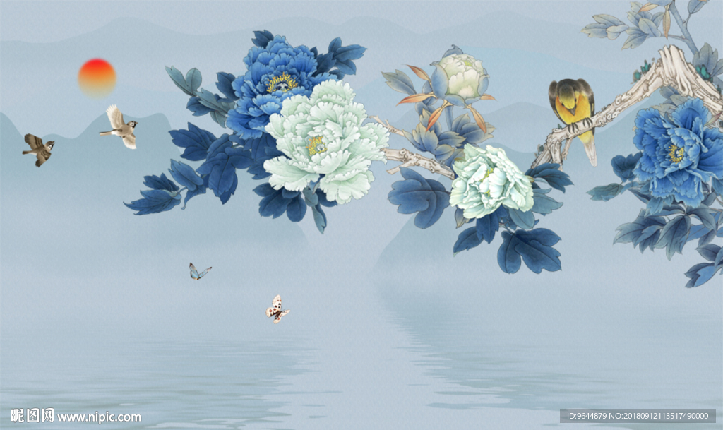 新中式手绘工笔牡丹花鸟背景墙