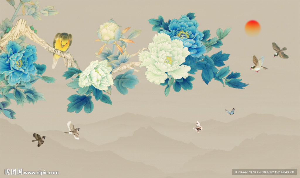 新中式手绘工笔牡丹壁画背景墙