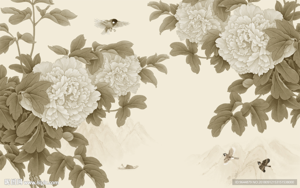 手绘中式复古牡丹工笔花鸟背景墙