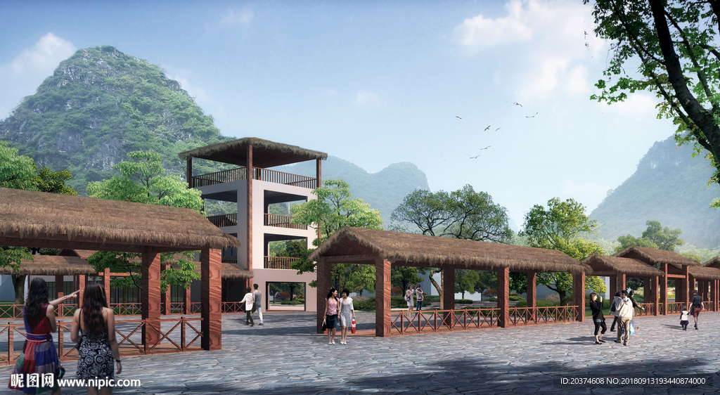 绿化节点 景观园林 茅草长廊
