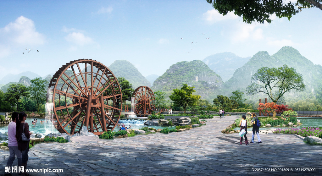 绿化节点 景观园林 景观 水车