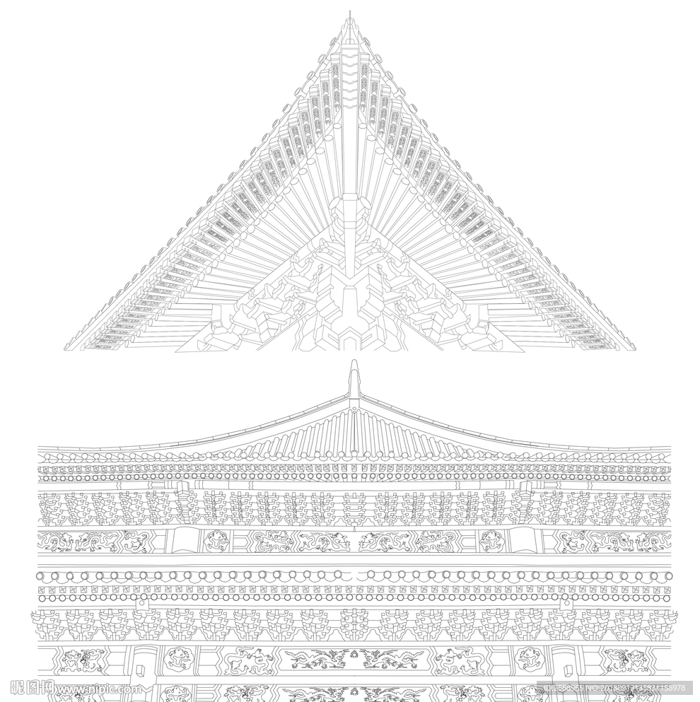 宫廷元素 房檐 古代建筑线稿