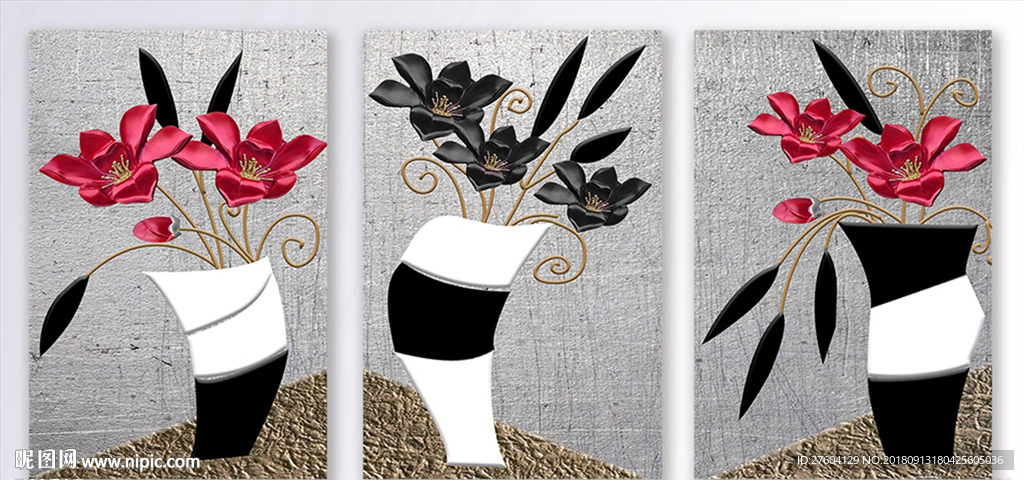 北欧风浮雕花卉三联装饰画
