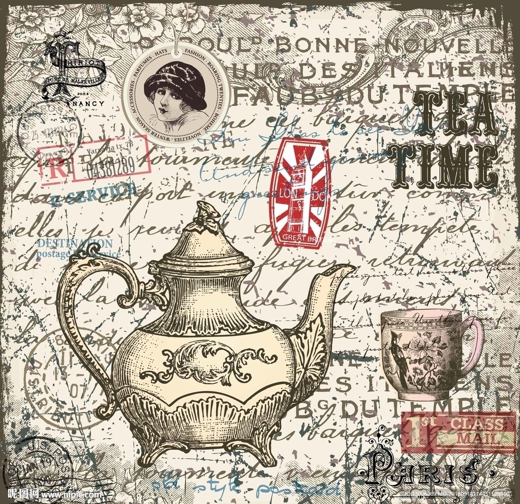 高清复古手绘下午茶装饰画