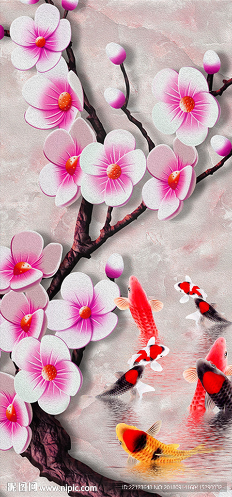 中式油画梅花鲤鱼装饰画