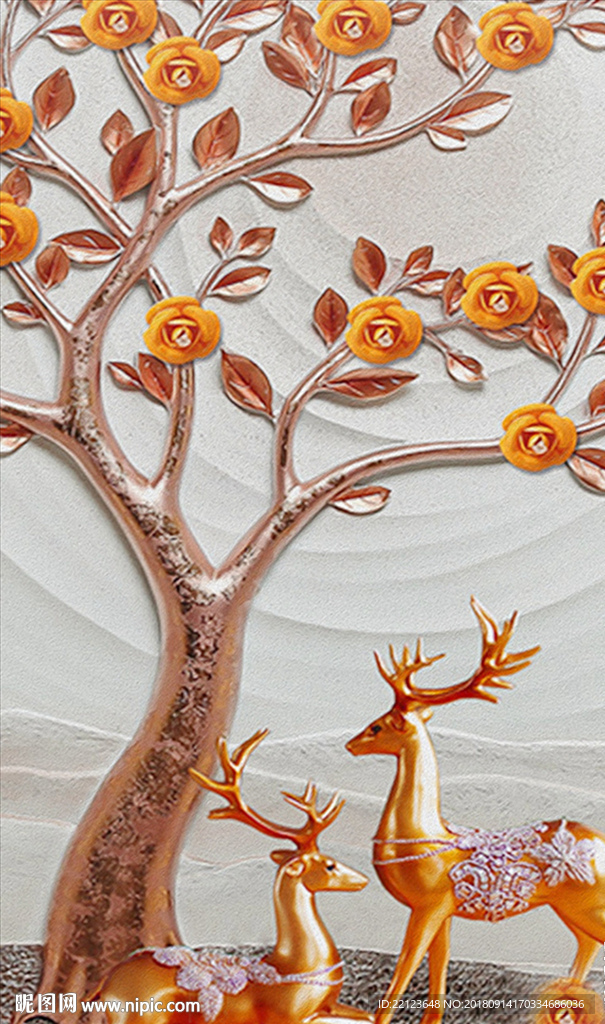 中式时尚唯美花卉麋鹿装饰画