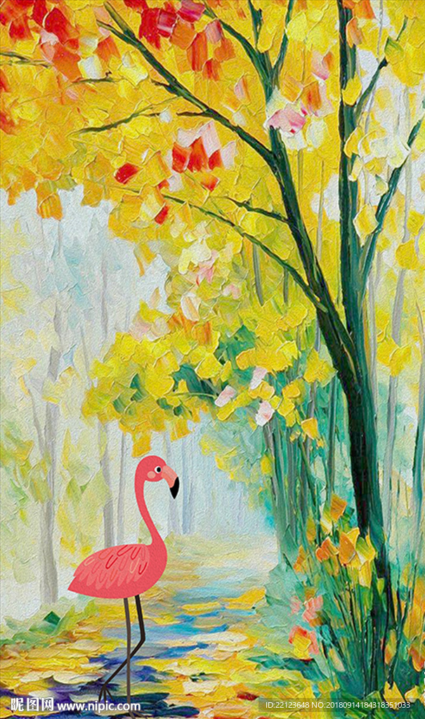 现代手绘创意油画树林鹤装饰画