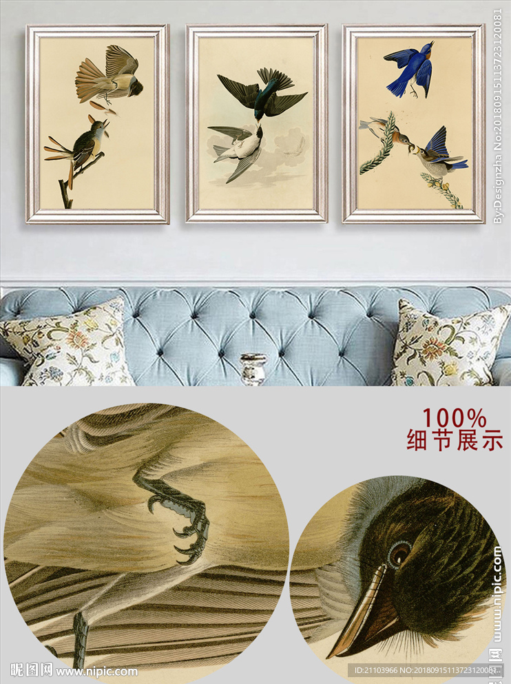 美式复古手绘花鸟装饰画