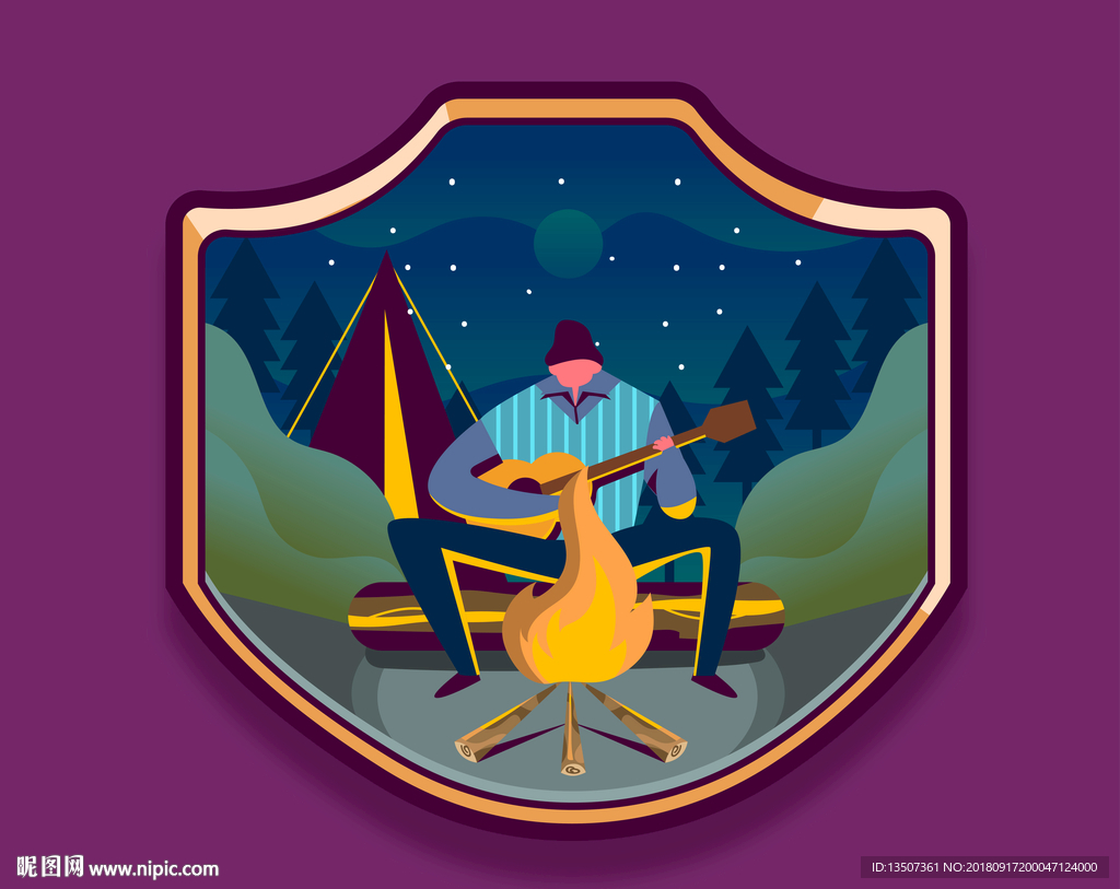 手绘一个男人在野外露营弹吉他