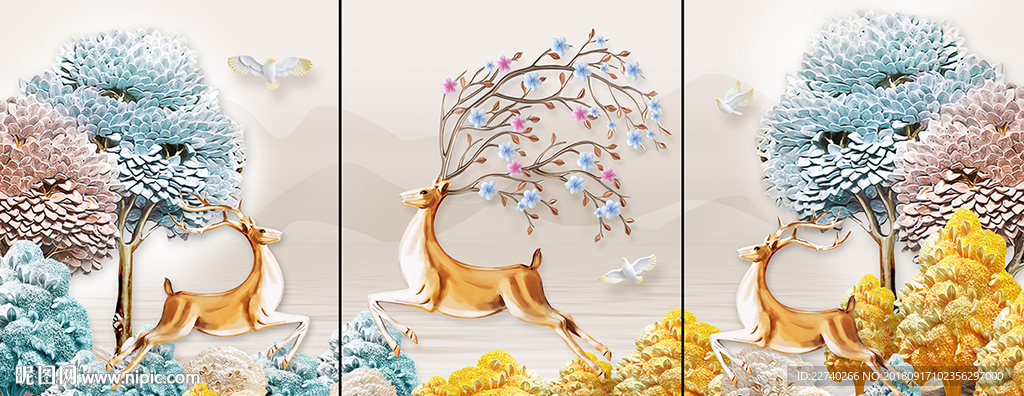 北欧麋鹿发财鹿装饰画三联画