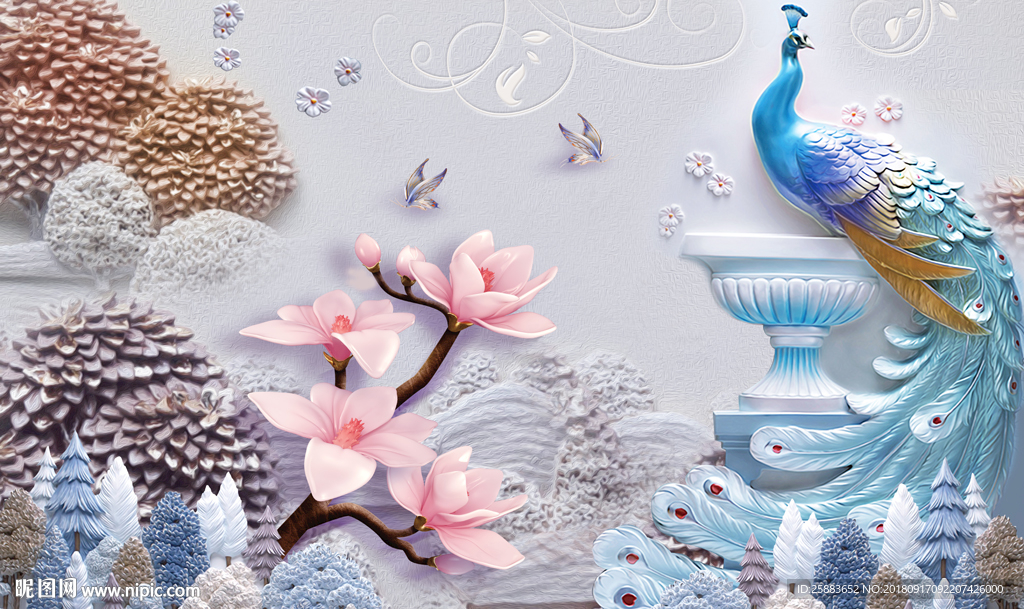 时尚孔雀玉兰花森林浮雕电视背景