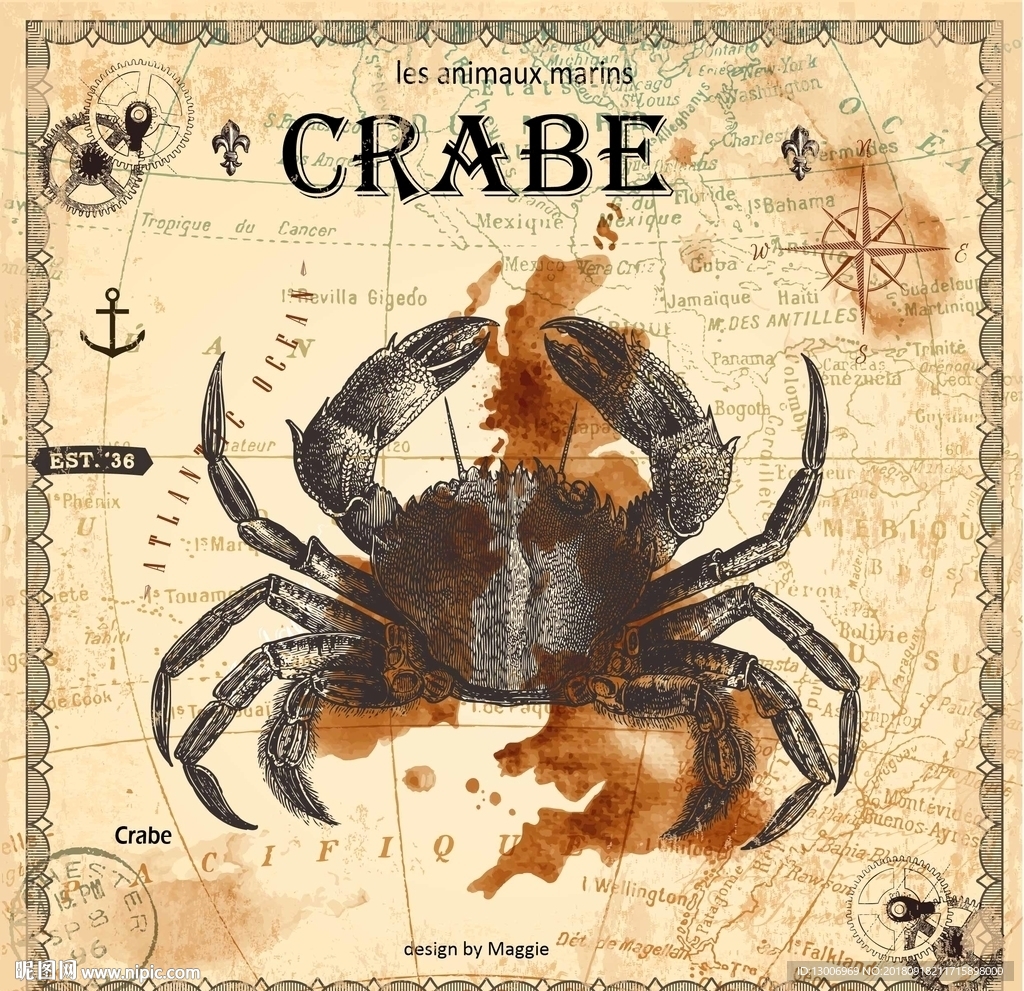 复古海底生物螃蟹装饰画