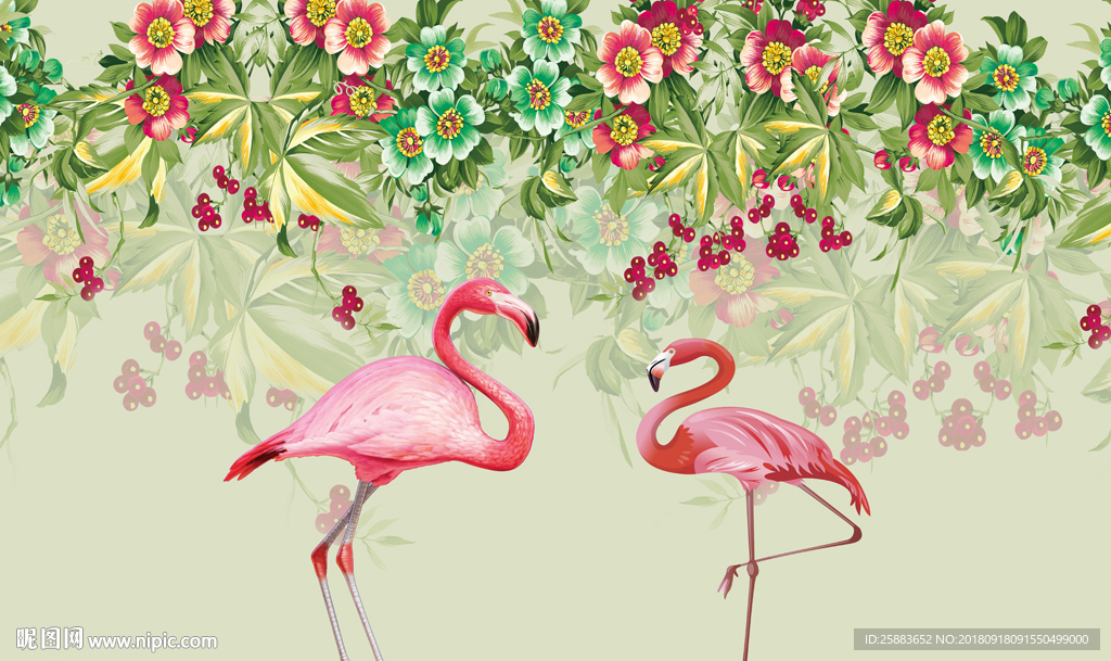 火烈鸟花藤北欧电视背景墙