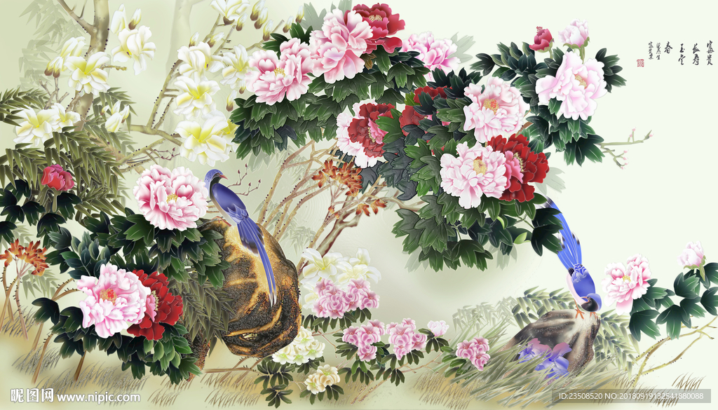 牡丹喜鹊图工笔画