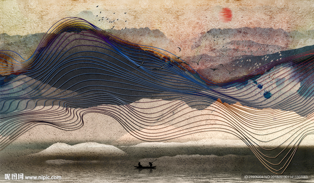 油画山水 线条山水画 挂画