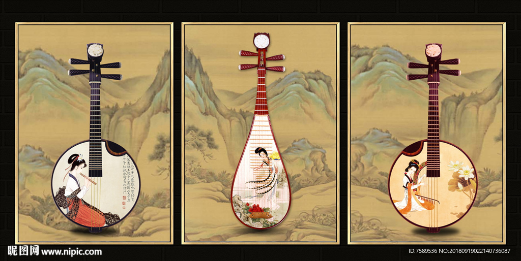新中式古典仕女乐器创意装饰画
