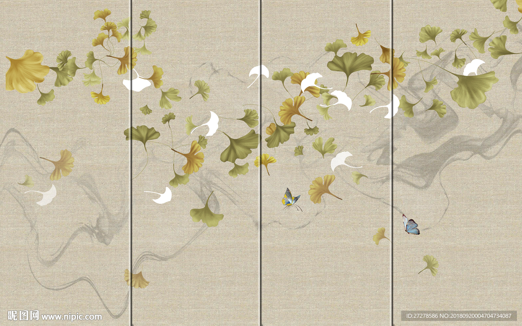 大型分层银杏花鸟屏风壁画