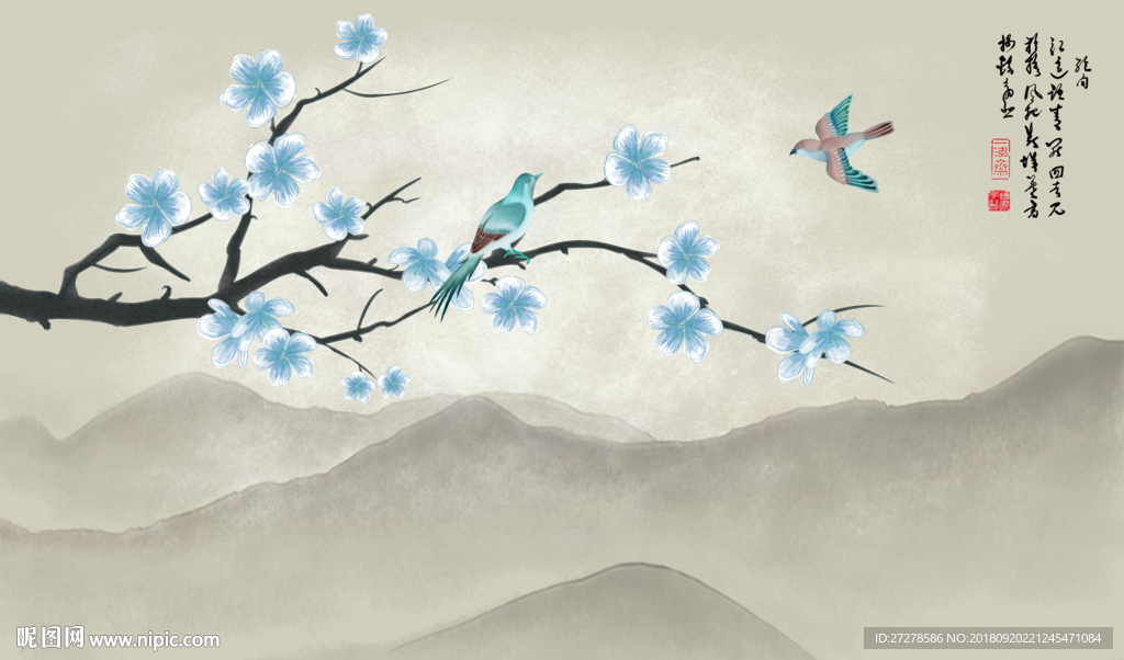 大型梅花花鸟 花鸟壁画