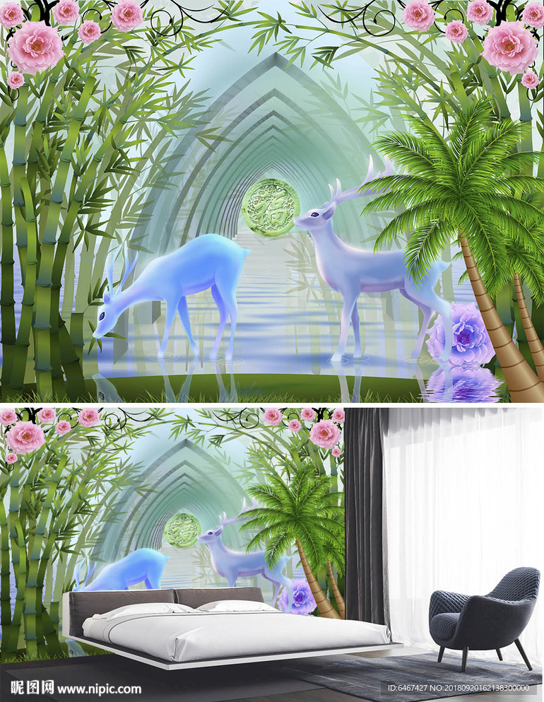 3d空间竹林欧式麋鹿背景墙装饰