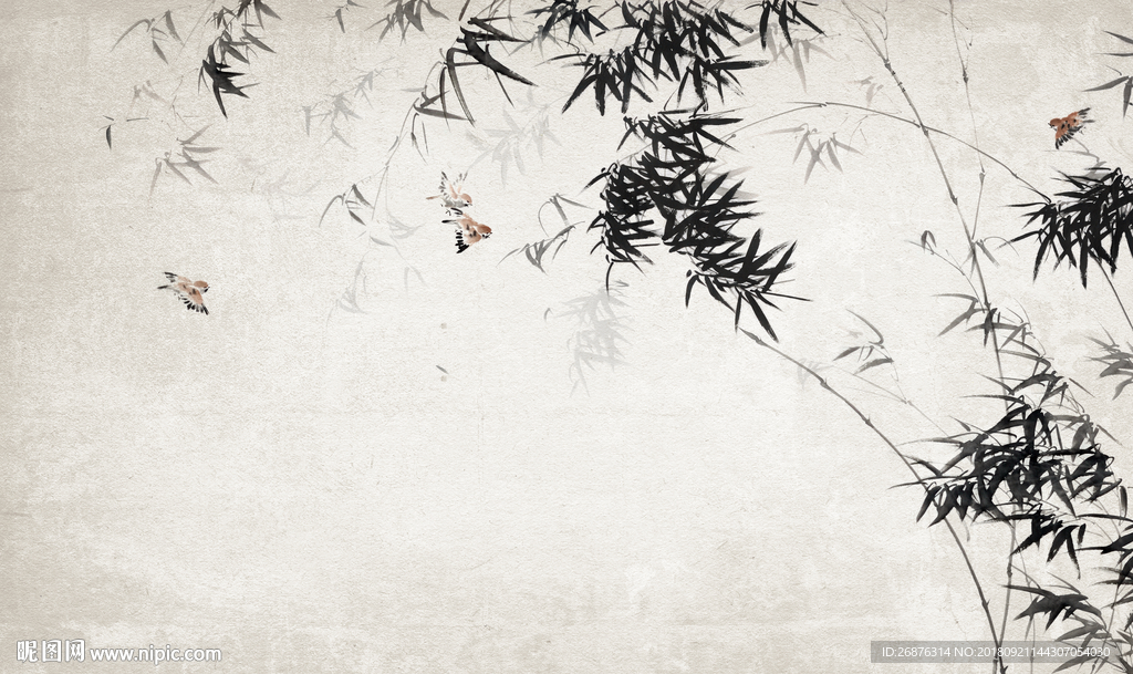 新中式水墨竹子小鸟背景墙壁画