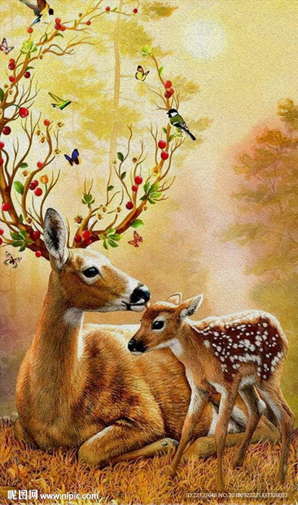 现代北欧母子鹿森林鹿油画