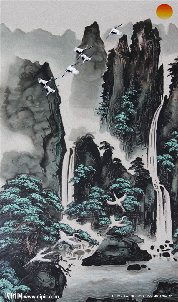 中式水墨画白鹤山高水长装饰画