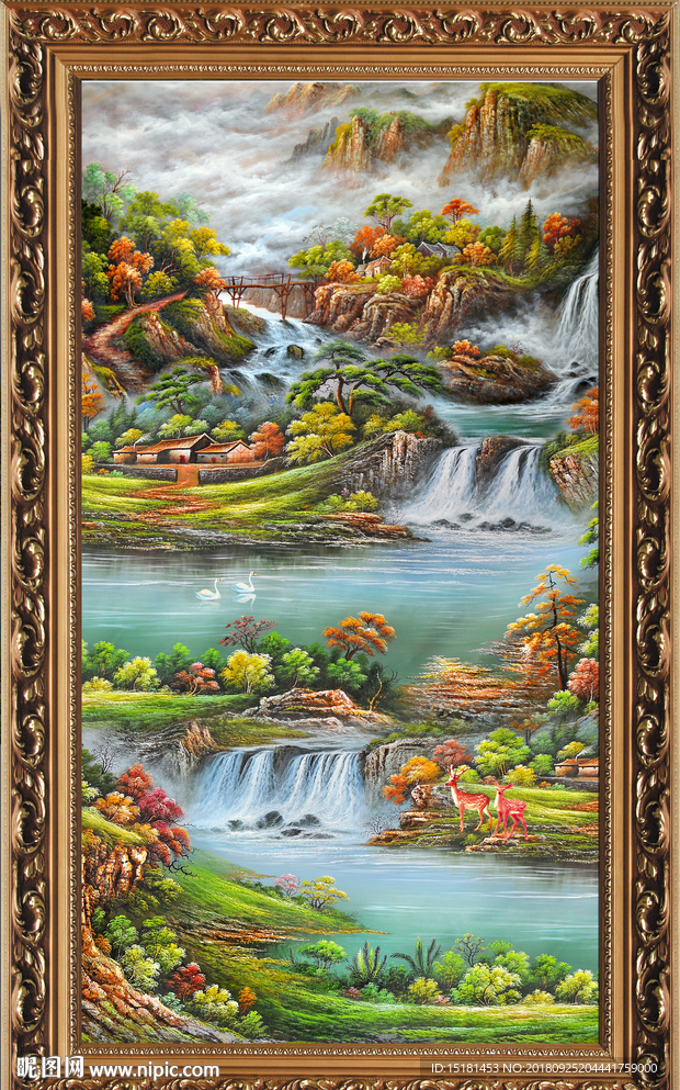 风景 油画 瀑布 山水