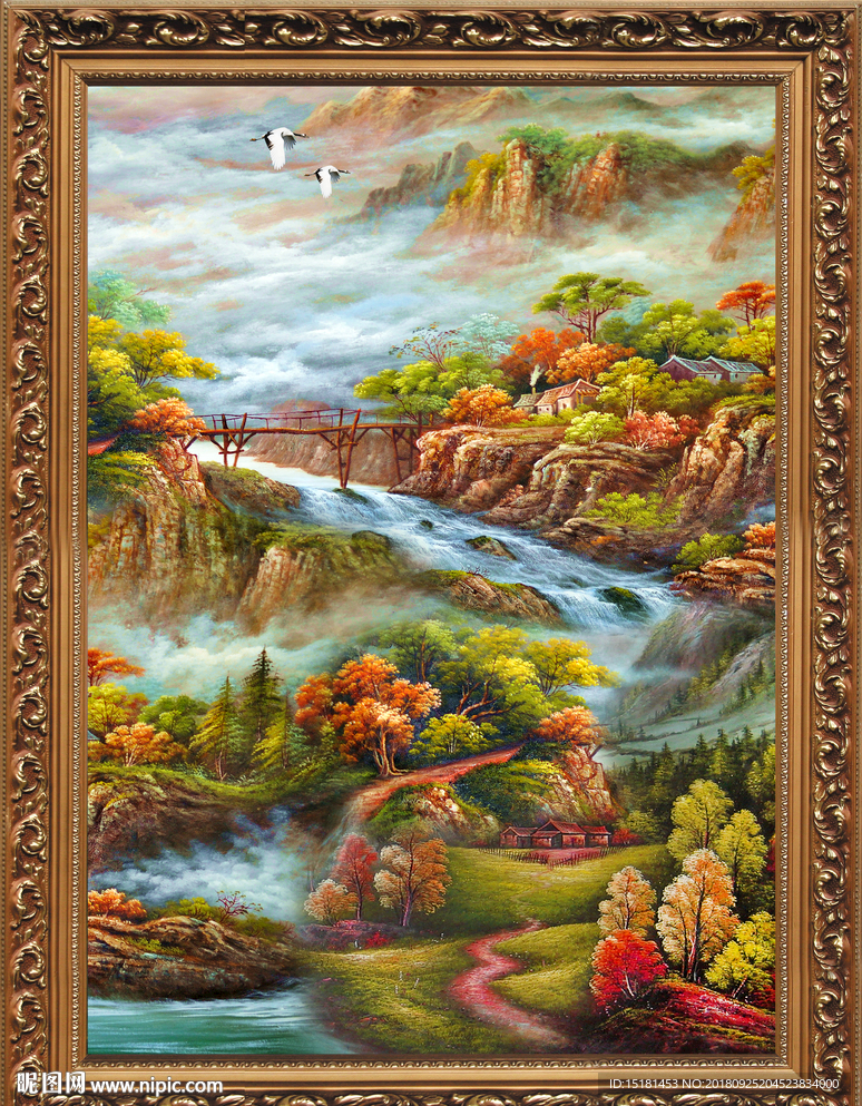 风景 油画 瀑布 山水