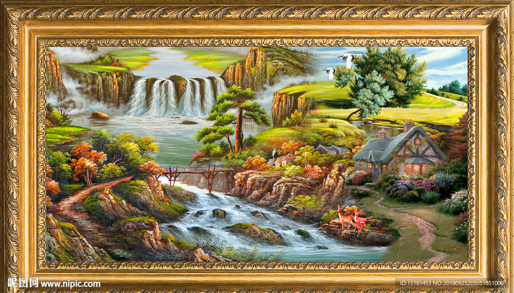 风景 油画 瀑布 山水