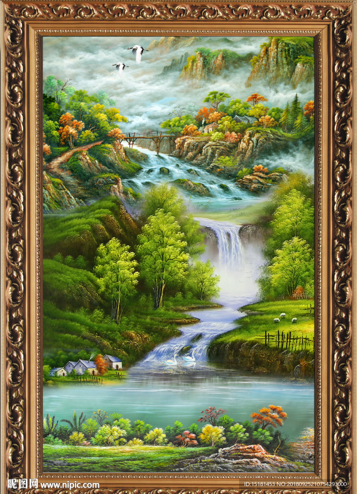风景 油画 瀑布 山水