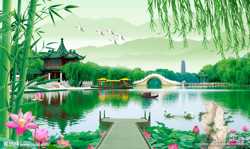 清新江南春电视背景墙