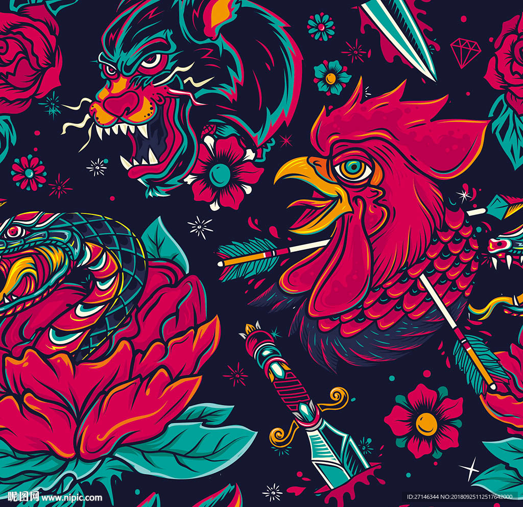 生肖花纹矢量无缝图案
