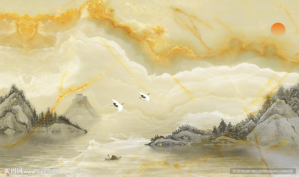 山水仙鹤大理石纹背景墙