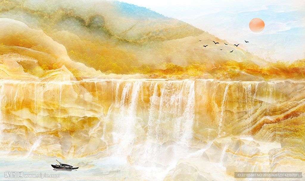 山水瀑布大理石纹背景墙