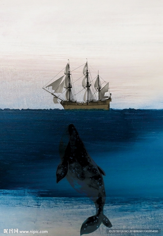 深海鲸鱼帆船装饰画