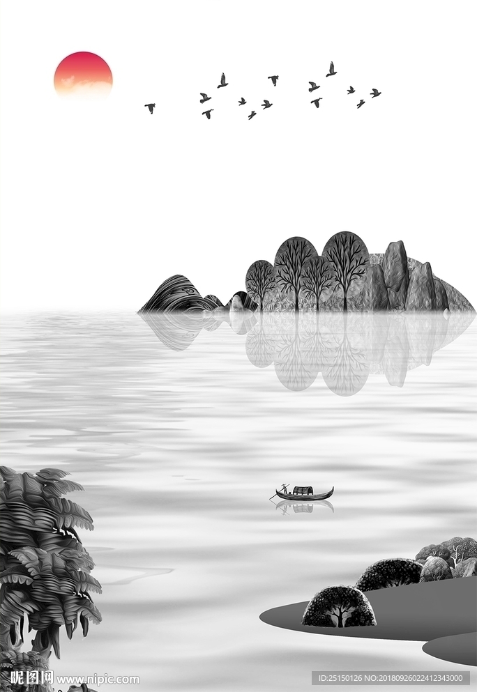 新中式山水飞鸟装饰画