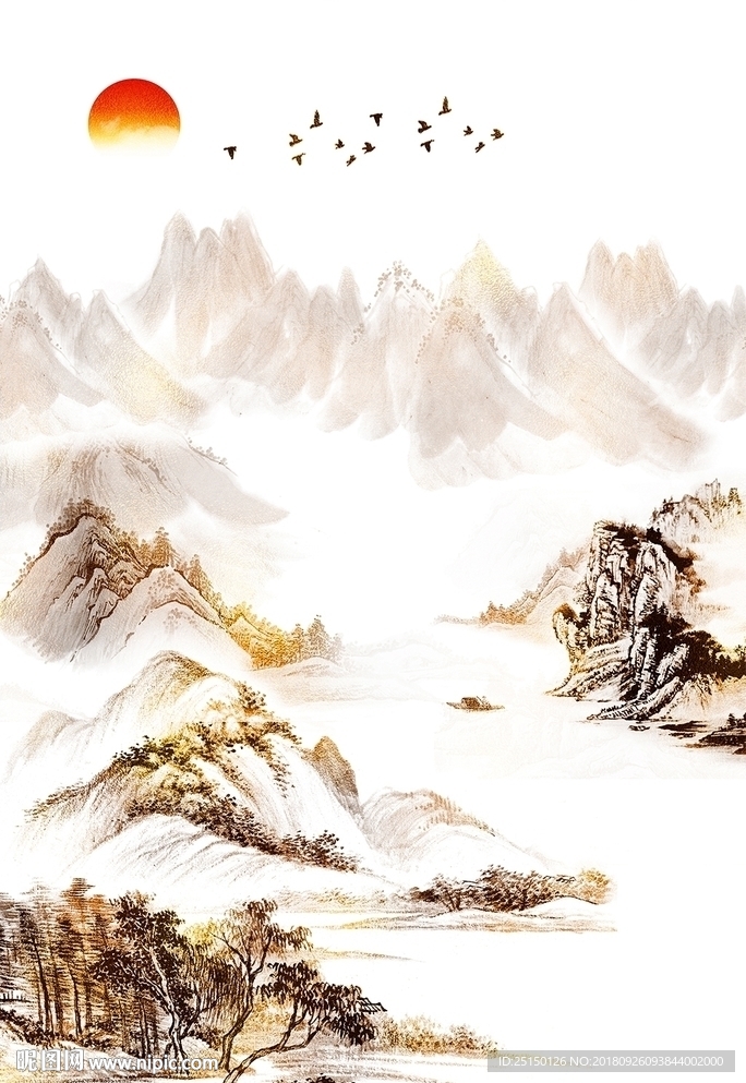 金色山水意境飞鸟装饰画