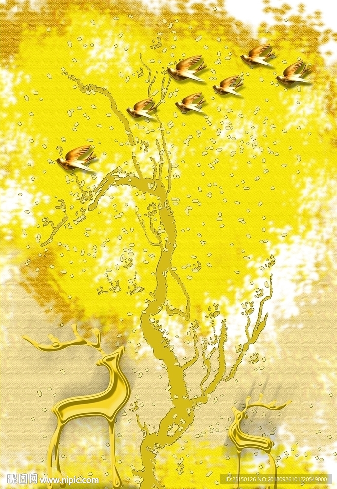 现代金色鸟鹿装饰画