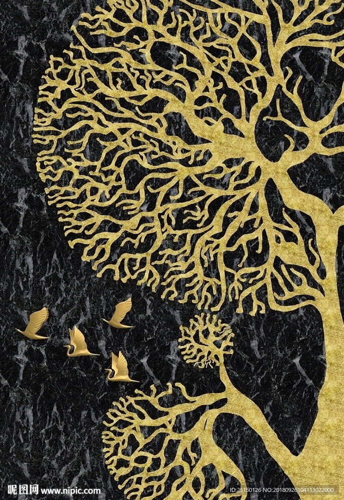 金色大树小鸟装饰画