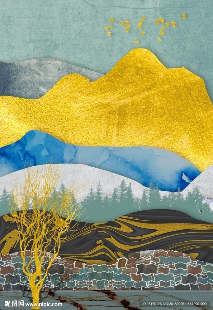 创意大气几何金色山峰装饰画