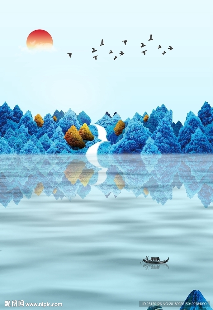 新中式蓝色唯美山水树林装饰画