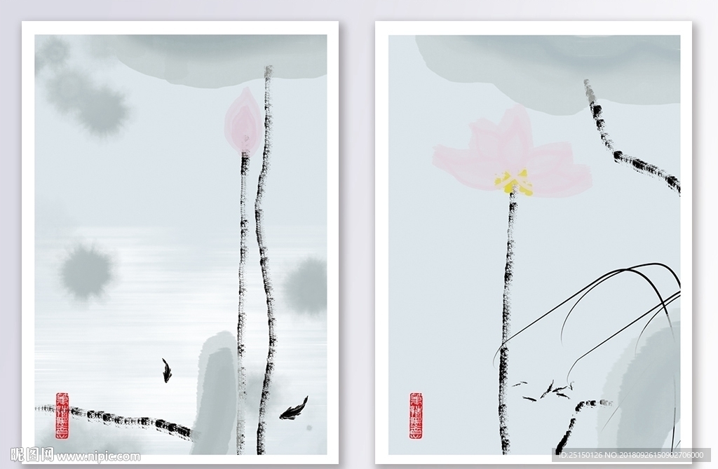 中国风淡雅水墨荷花风景装饰画