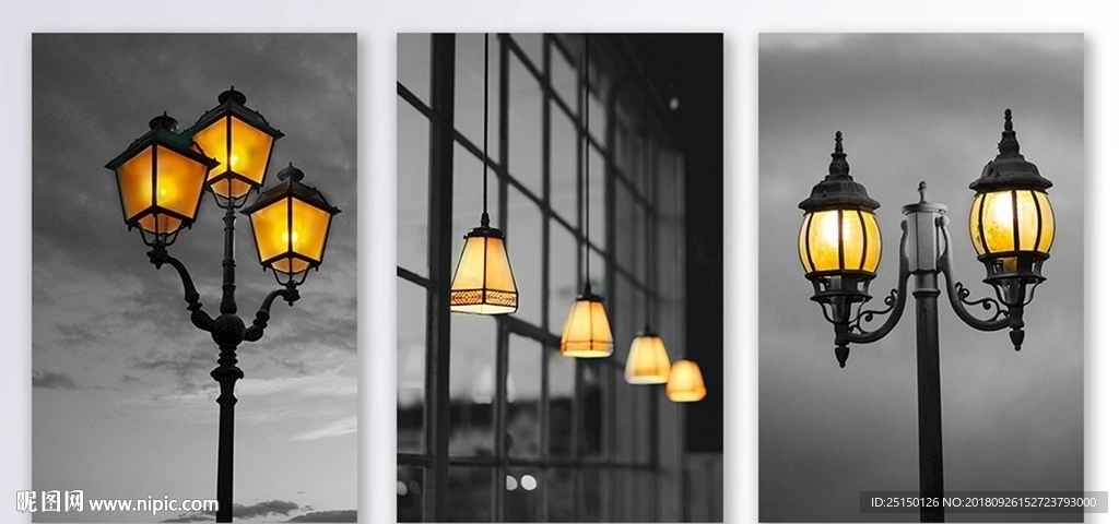 简约黑白黄色路灯装饰画