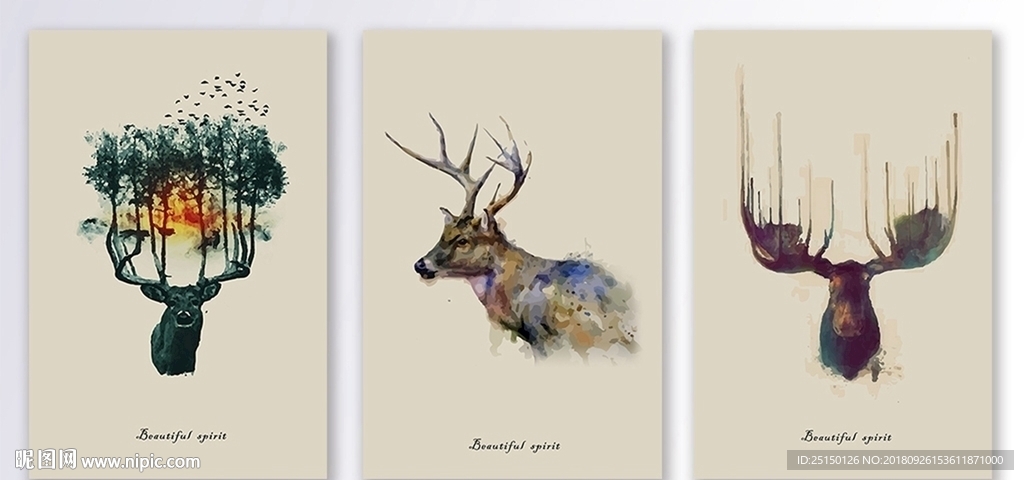 水彩麋鹿剪影装饰画