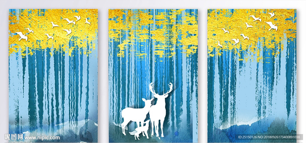 金色树吉祥母子鹿装饰画