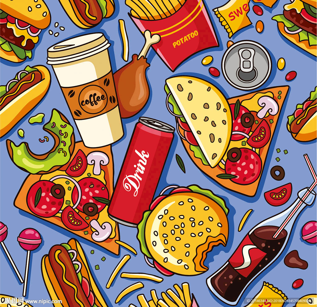 咖啡面包快餐矢量无缝图案