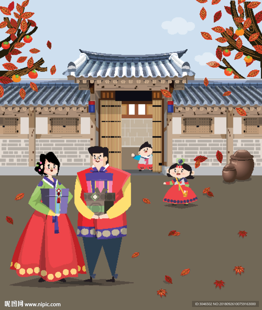 韩国传统新年新春喜庆插画设计