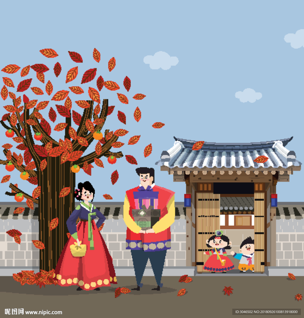 韩国传统新年新春喜庆插画设计